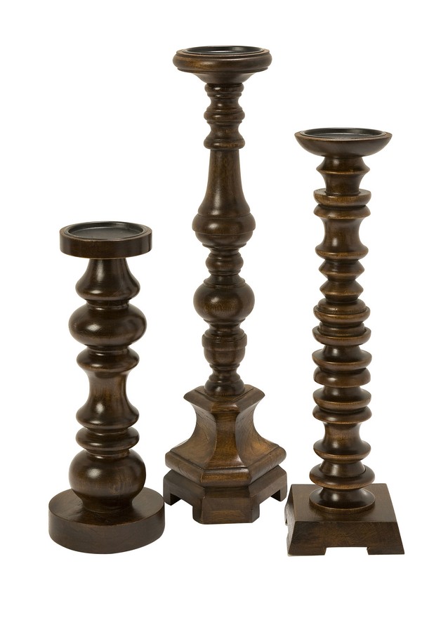 IMAX Nilay Wood Candleholders In Old Oak Finish - Set of 3