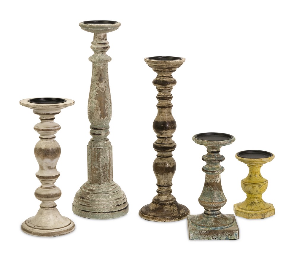IMAX Kanan Wood Candleholders In Distressed Finishes - Set of 5