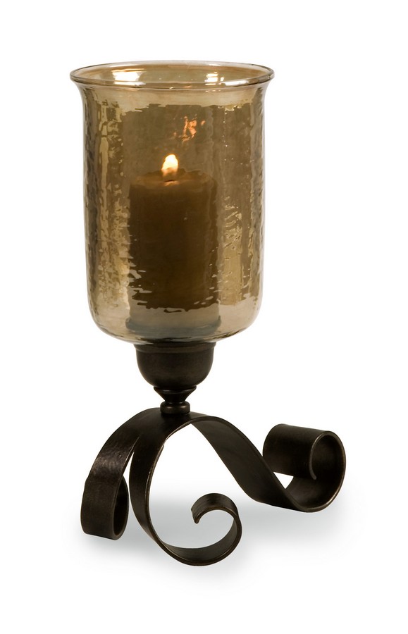 IMAX Small Scroll Base Hurricane with Brown Luster Glass