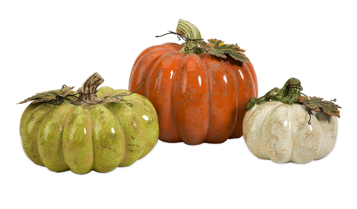 IMAX Harvest Pumpkins w/ Metal Leaves - Set of 3