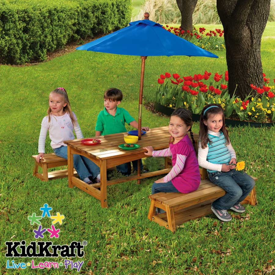 KidKraft Table and Benches with Blue Umbrella - Kidkraft