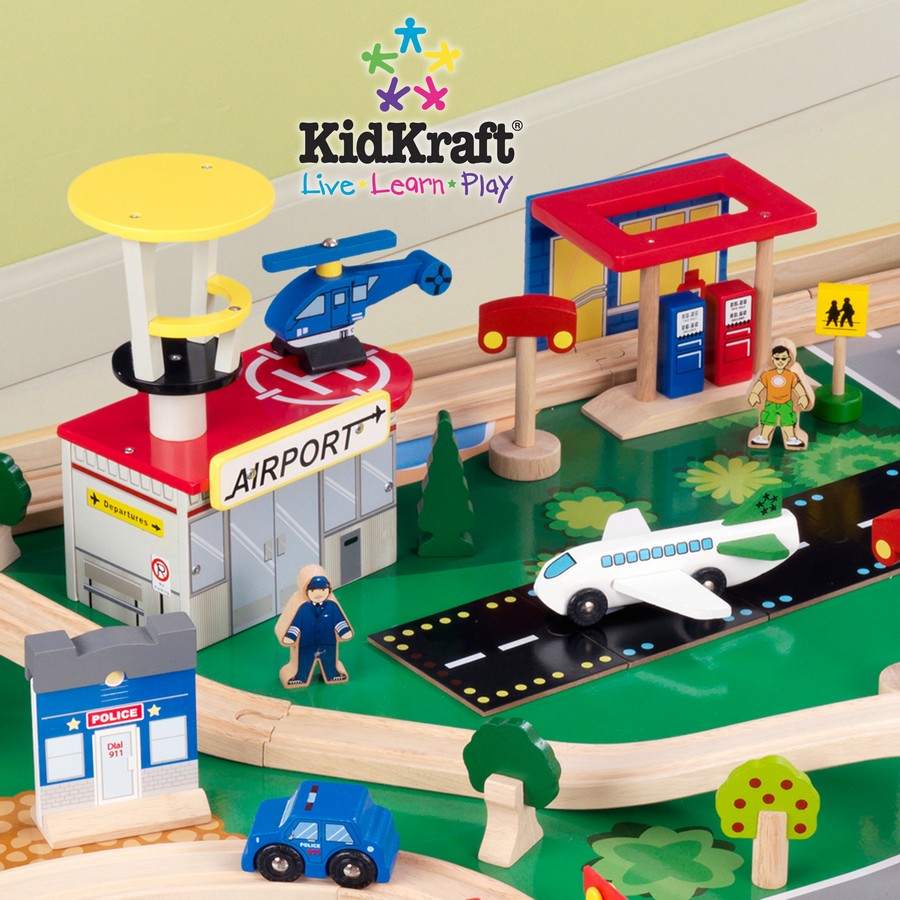 KidKraft Natural Train Table with 3 Bins and 120pc Mountain Train Set