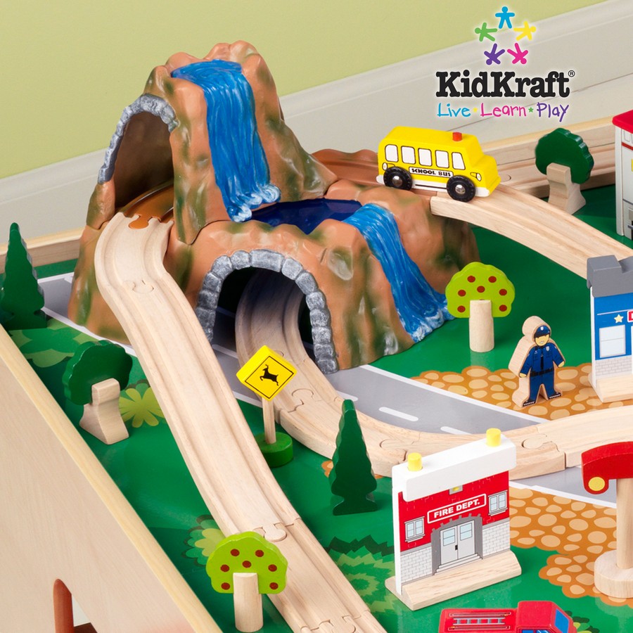 KidKraft Natural Train Table with 3 Bins and 120pc Mountain Train Set