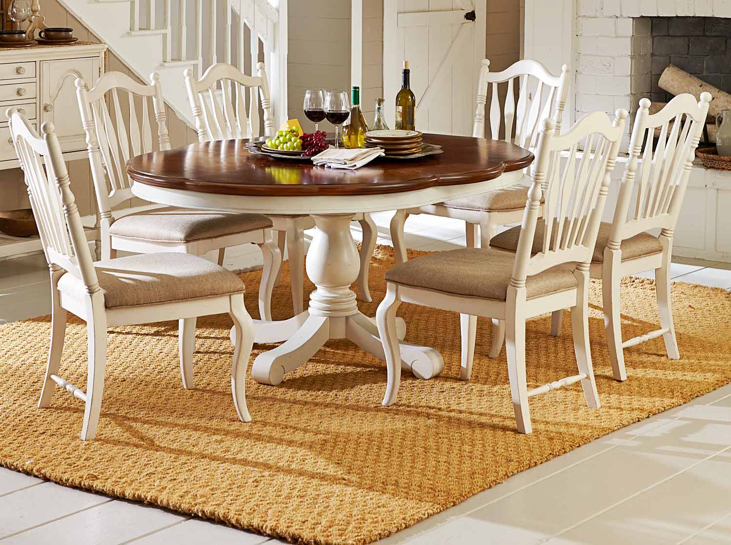 Legacy Classic Haven Dining Set with Pedestal Table - Buttercream White/Slight Distressing