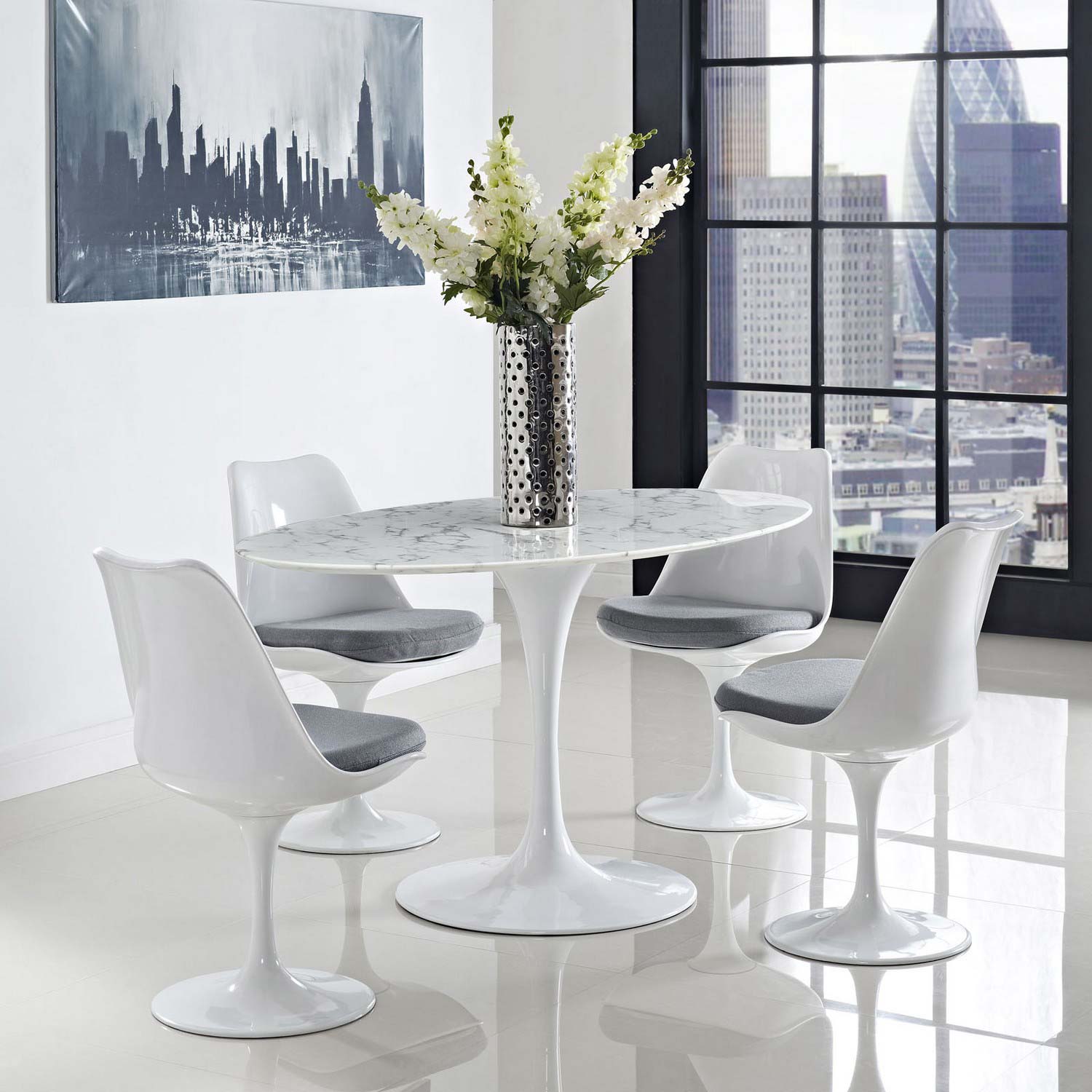 Modway Lippa 60 Oval-Shaped Artificial Marble Dining Table - White