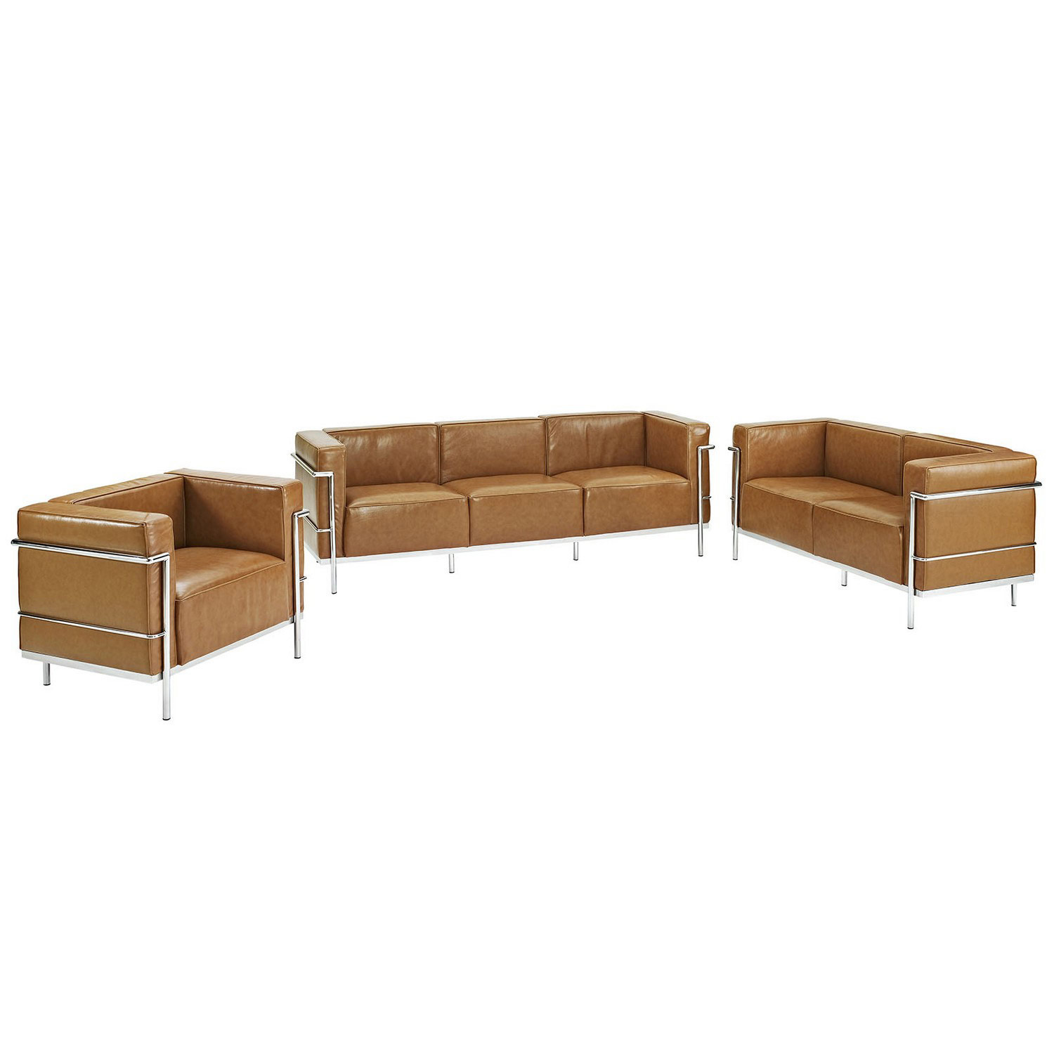 Modway Charles Grande Sofa Loveseat and Armchair Leather Set Of 3 - Tan