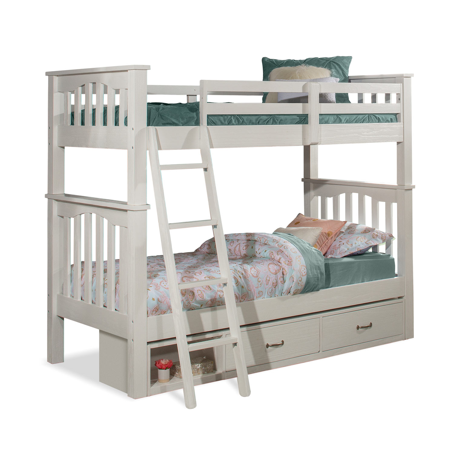 NE Kids Highlands Harper Twin/Twin Bunk Bed with Storage Unit - White Finish
