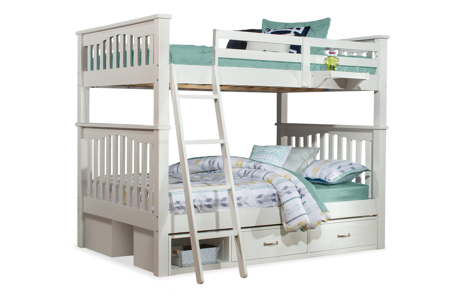 NE Kids Highlands Harper Full/Full Bunk Bed with (2) Storage Units and Hanging Nightstand - White Finish