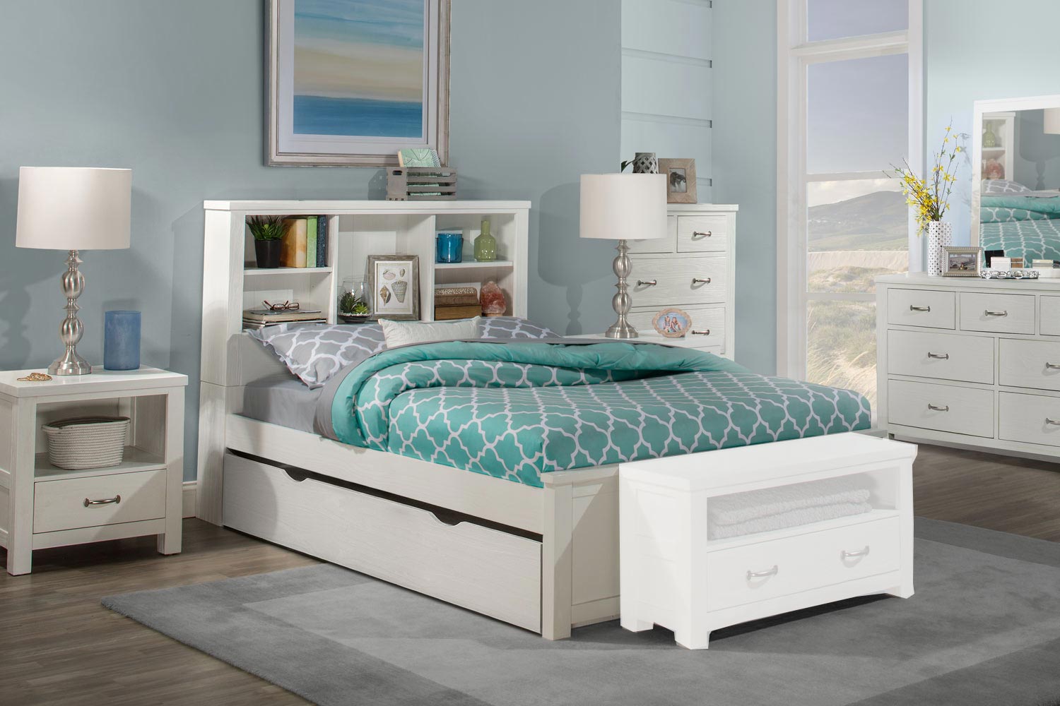 NE Kids Highlands Bookcase Bedroom Set with Trundle - White