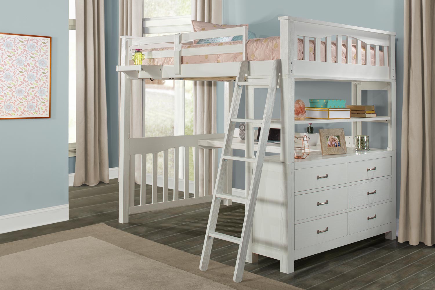 NE Kids Highlands Loft Bed with Desk and Hanging Nightstand - White