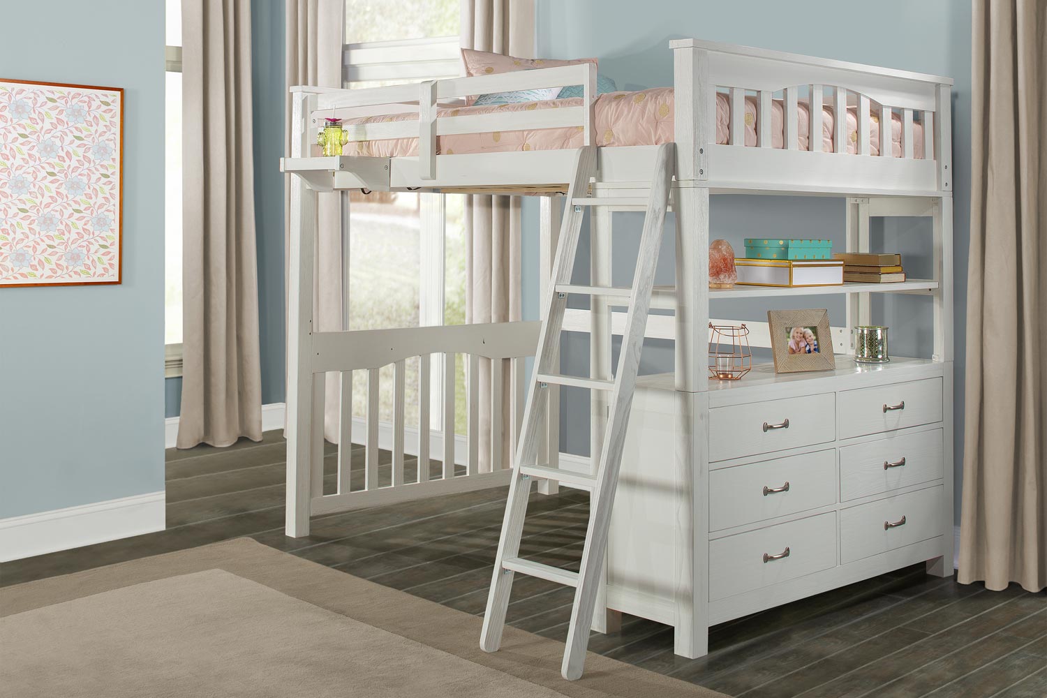 NE Kids Highlands Loft Bed with Hanging Nightstand - White