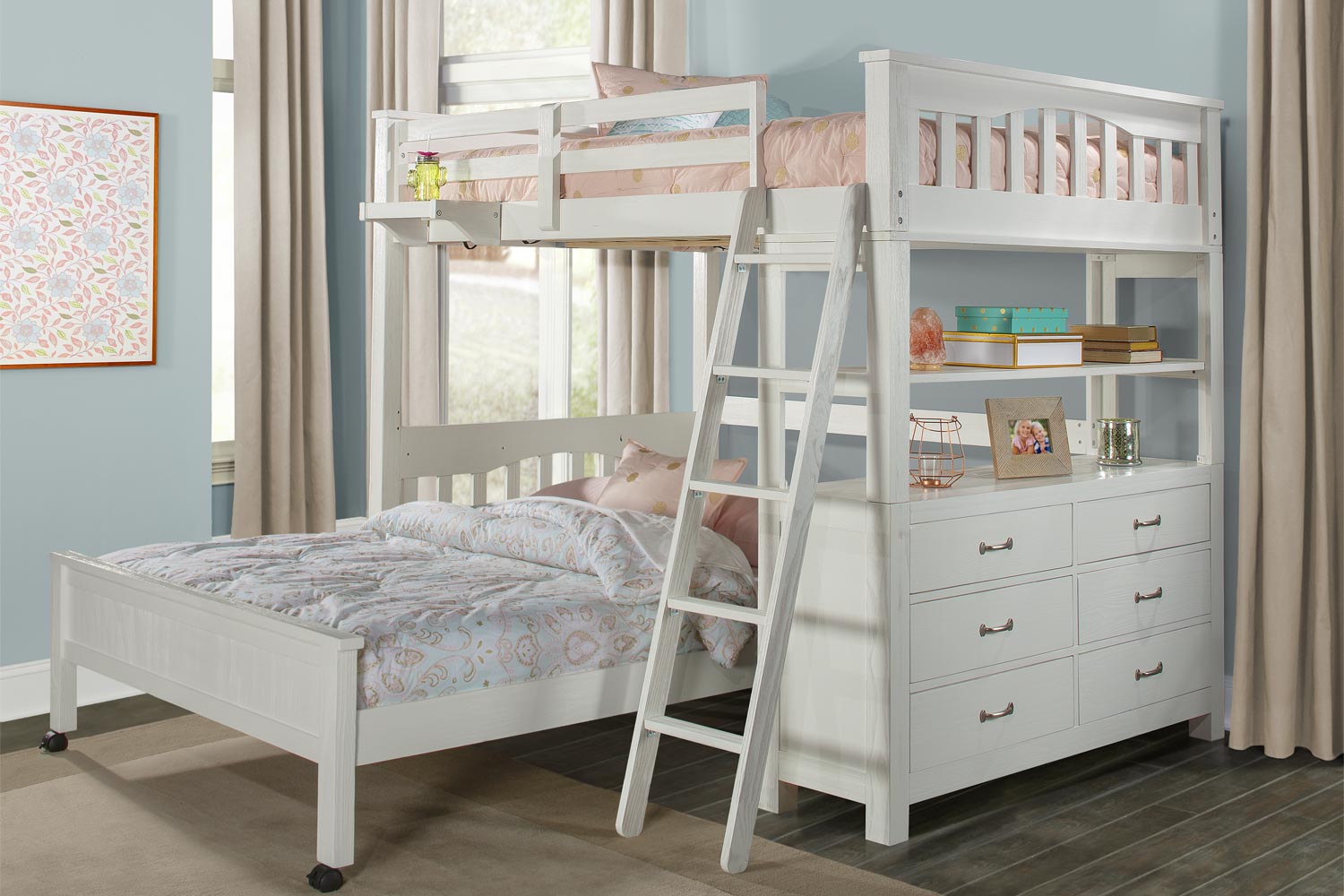 NE Kids Highlands Loft Bed with Full Lower Bed and Hanging Nightstand - White