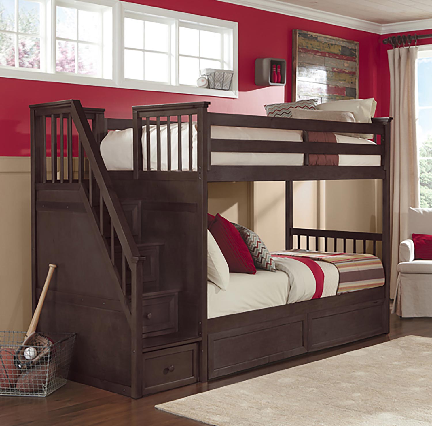 NE Kids SchoolHouse Stair Bunk Bed with Storage - Chocolate Finish