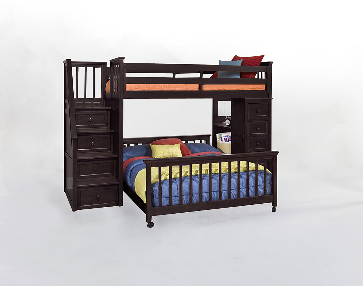 NE Kids SchoolHouse Twin Stair Loft Bed with Chest End and Full Lower Bed - Chocolate