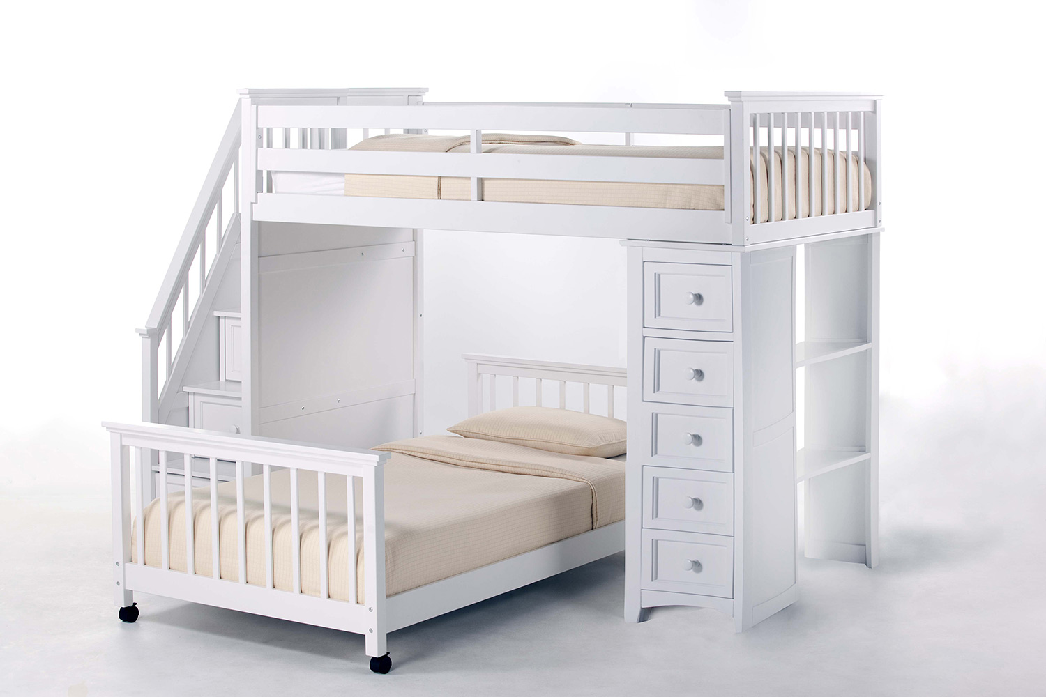 NE Kids SchoolHouse Twin Stair Loft Bed with Chest End and Full Lower Bed - White