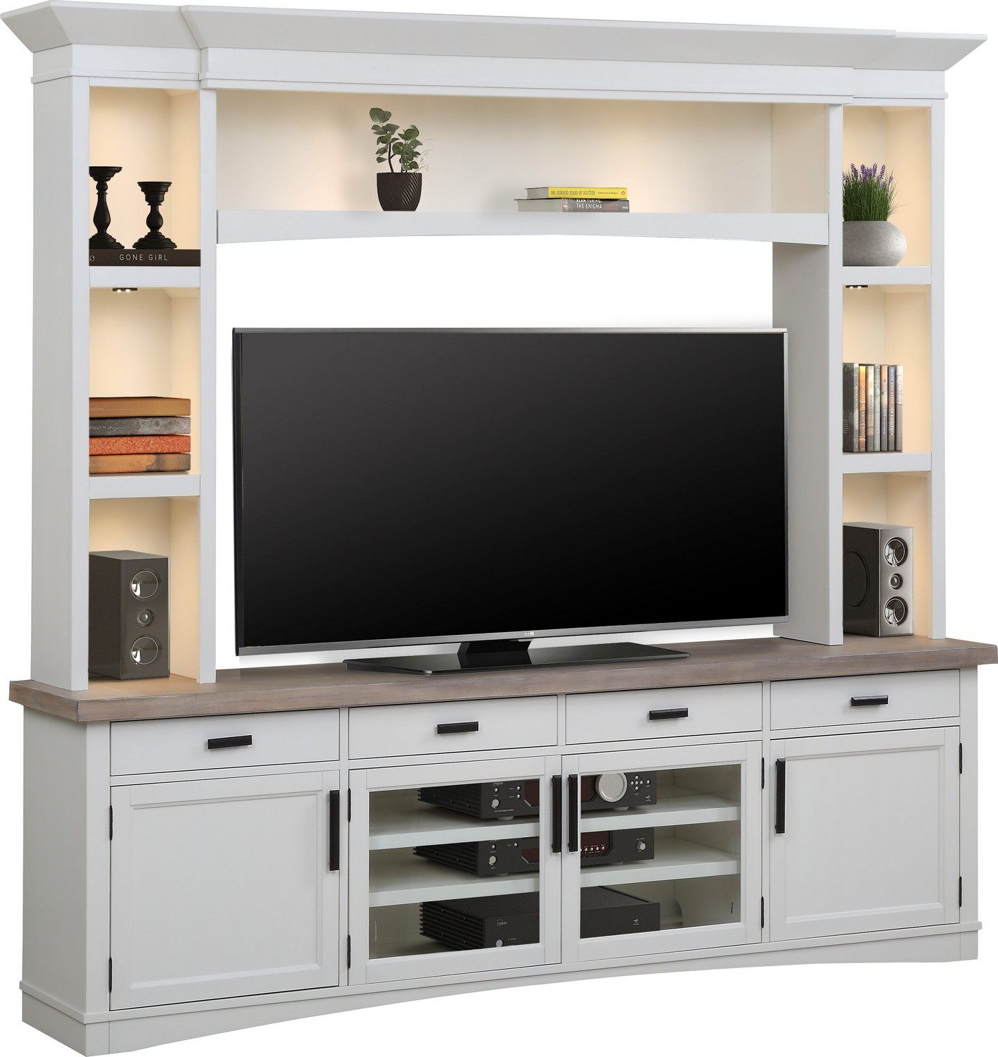 Parker House Americana Modern 92 Inch TV Console with Hutch and LED Lights - Cotton