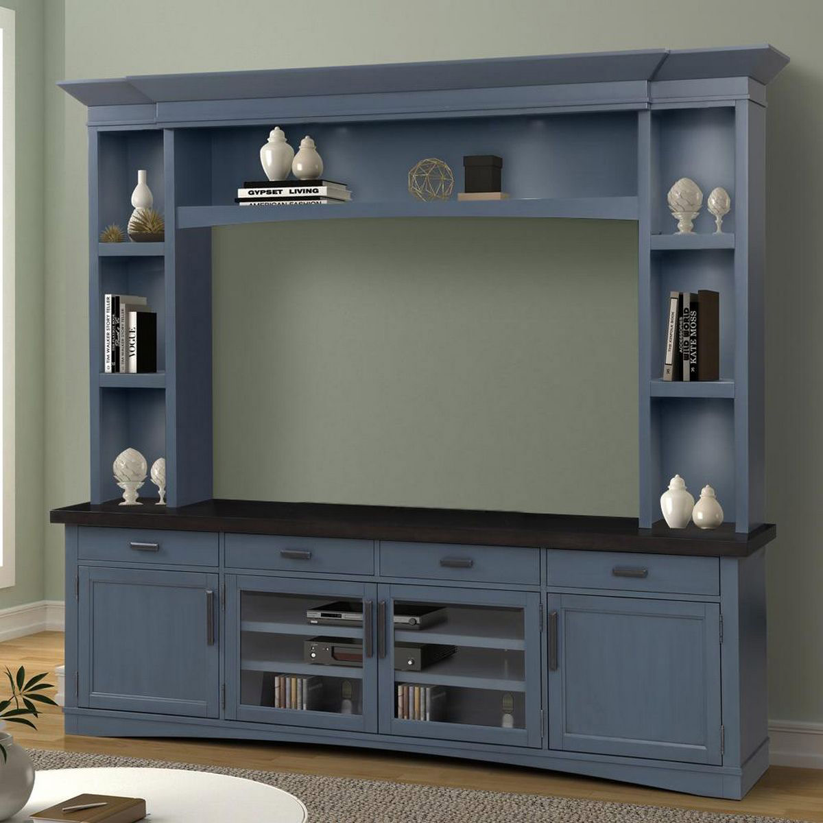 Parker House Americana Modern 92 Inch TV Console with Hutch and LED Lights - Denim