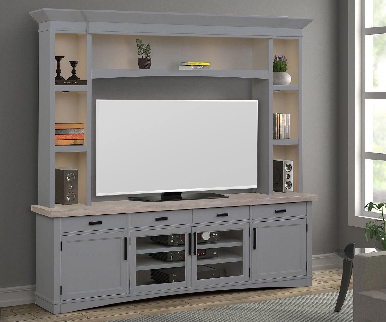 Parker House Americana Modern 92 Inch TV Console with Hutch and LED Lights - Dove