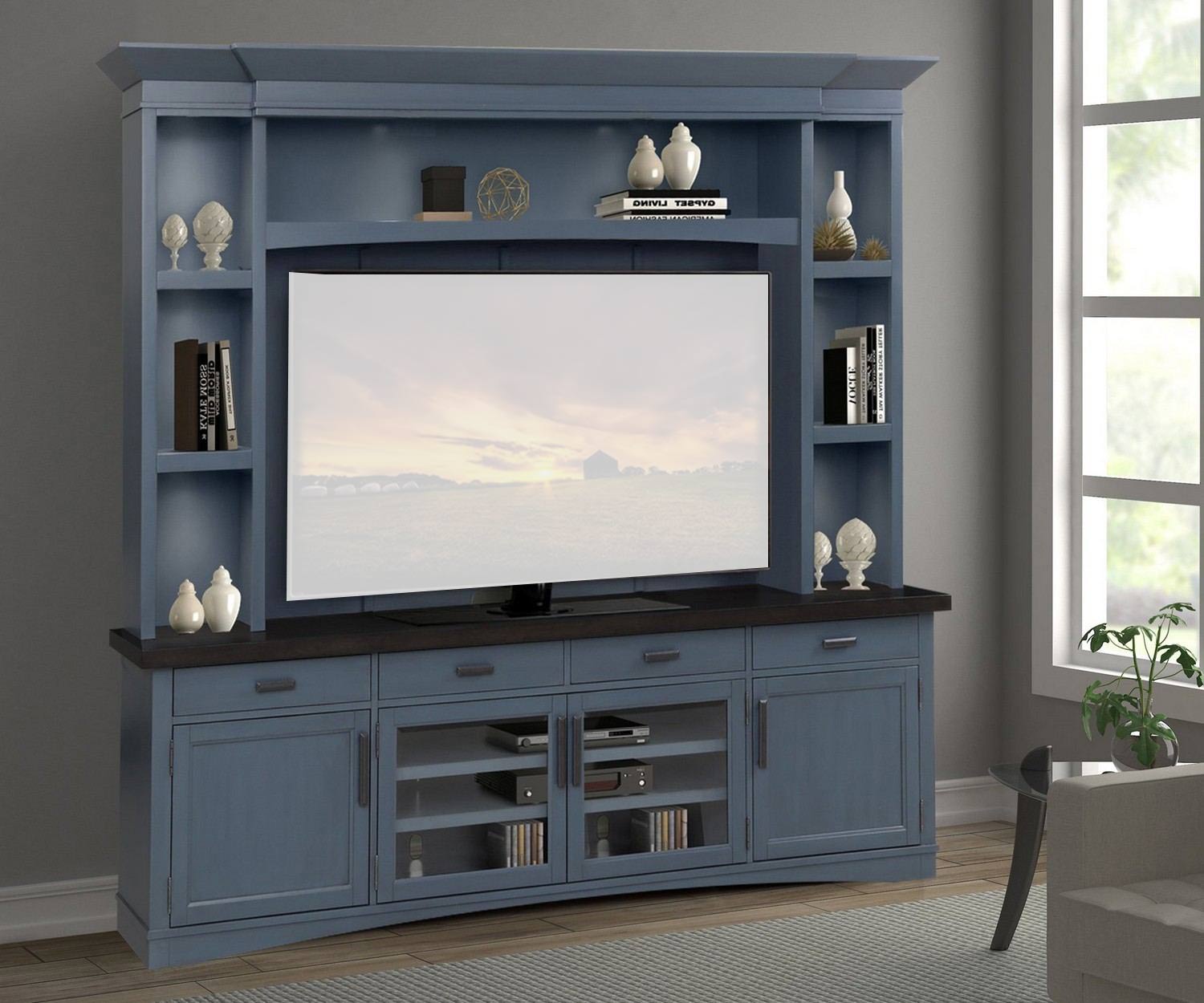 Parker House Americana Modern 92 Inch TV Console with Hutch, Backpanel and LED Lights - Denim