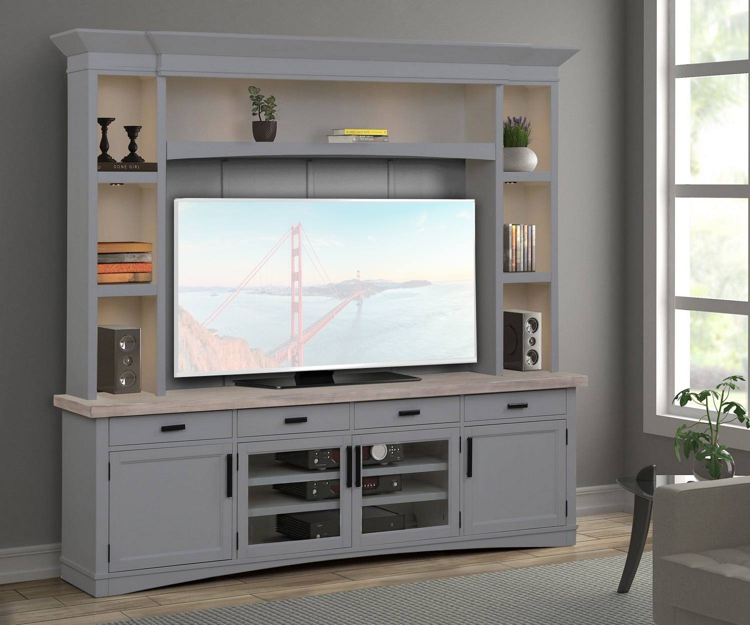 Parker House Americana Modern 92 Inch TV Console with Hutch, Backpanel and LED Lights - Dove