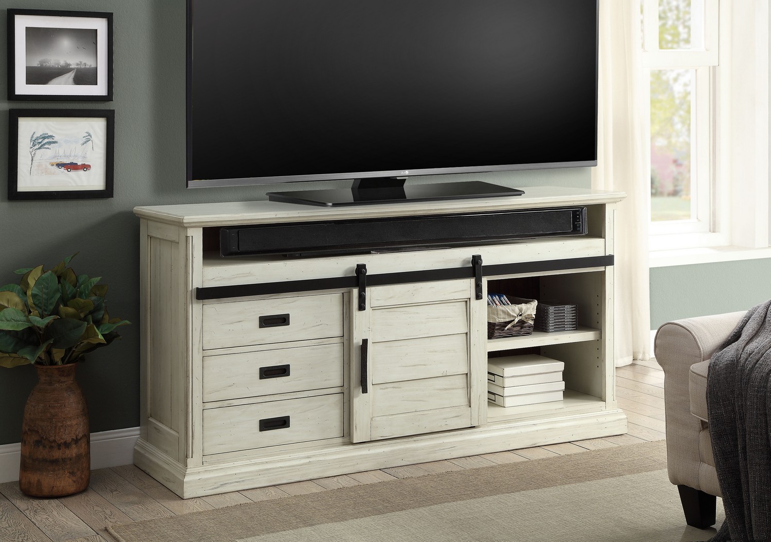 Parker House Chesapeake 67-inch TV Console with Sliding Door and Drawers - Vintage Burnished Rustic White