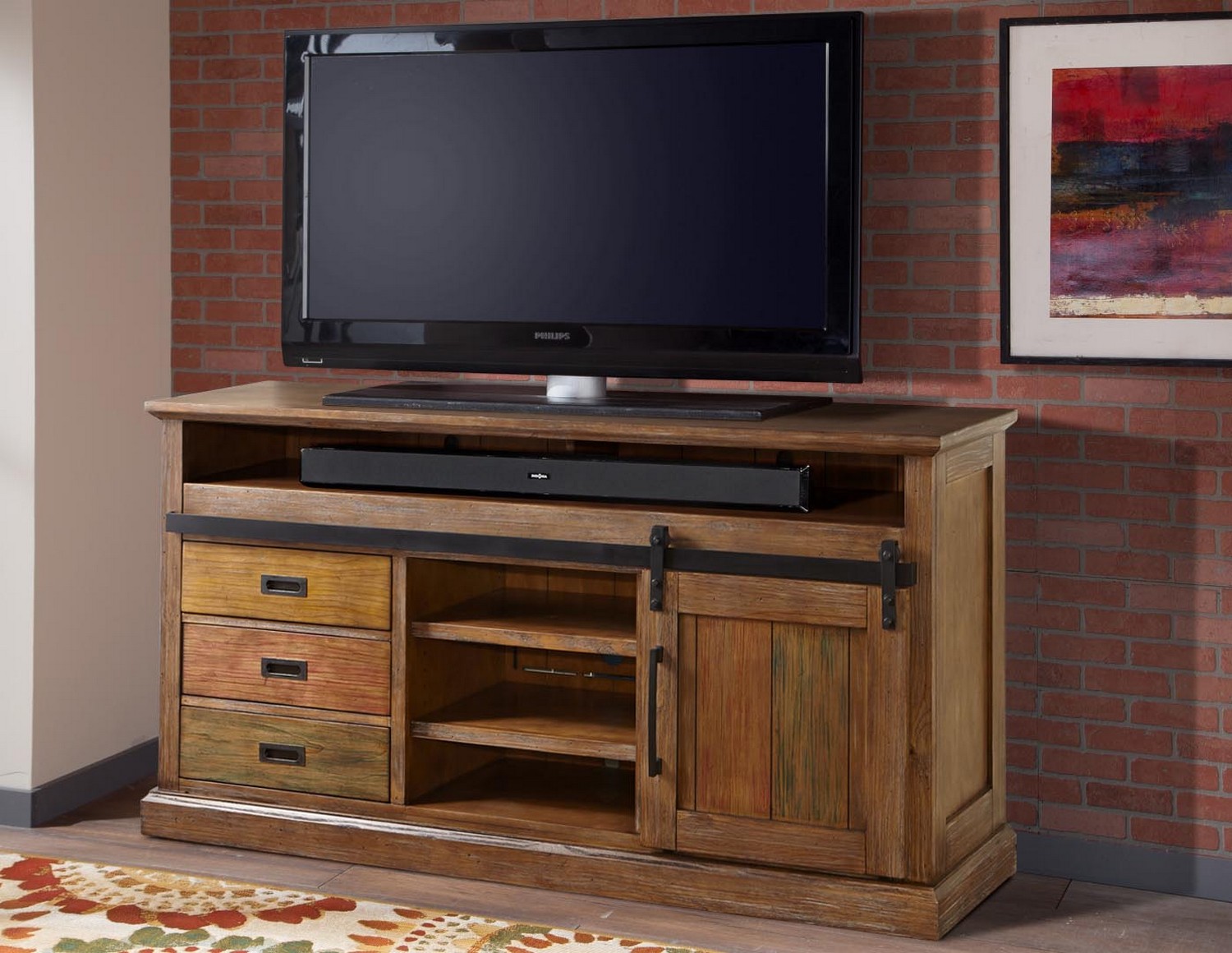 Parker House Hunts Point 67-inch TV Console with Sliding Door and Drawers - Vintage Weathered Pine