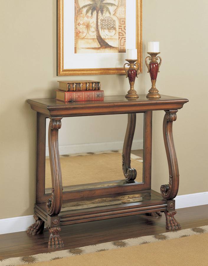 Powell Masterpiece Console Table with Reverse Painted Glass Top and Mirrored Back Panel