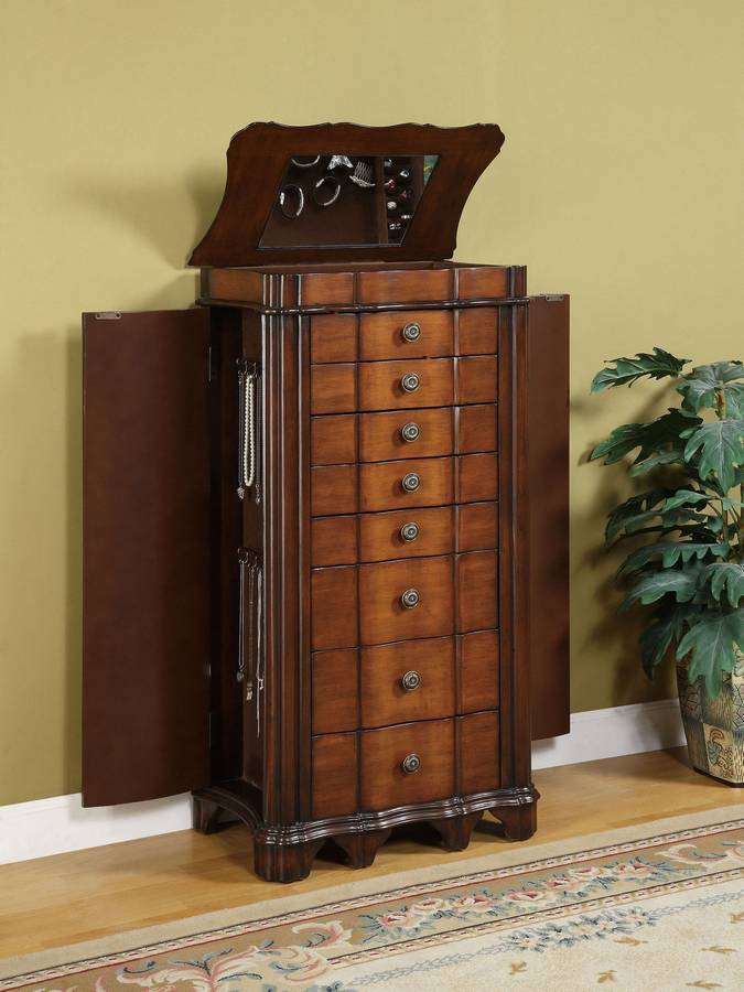 Powell Masterpiece Faux Cherry with Burl Jewelry Armoire with Lift-Off Jewelry Box