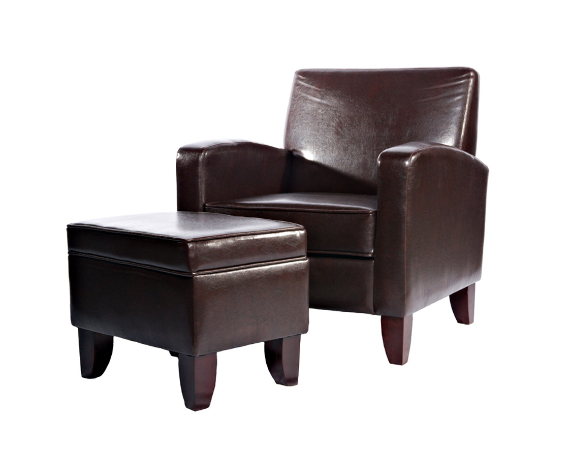 Powell Brown Faux Leather Classic Lounge Chair and Storage Ottoman Powell Brown Faux Leather Classic Lounge Chair and Storage Ottoman