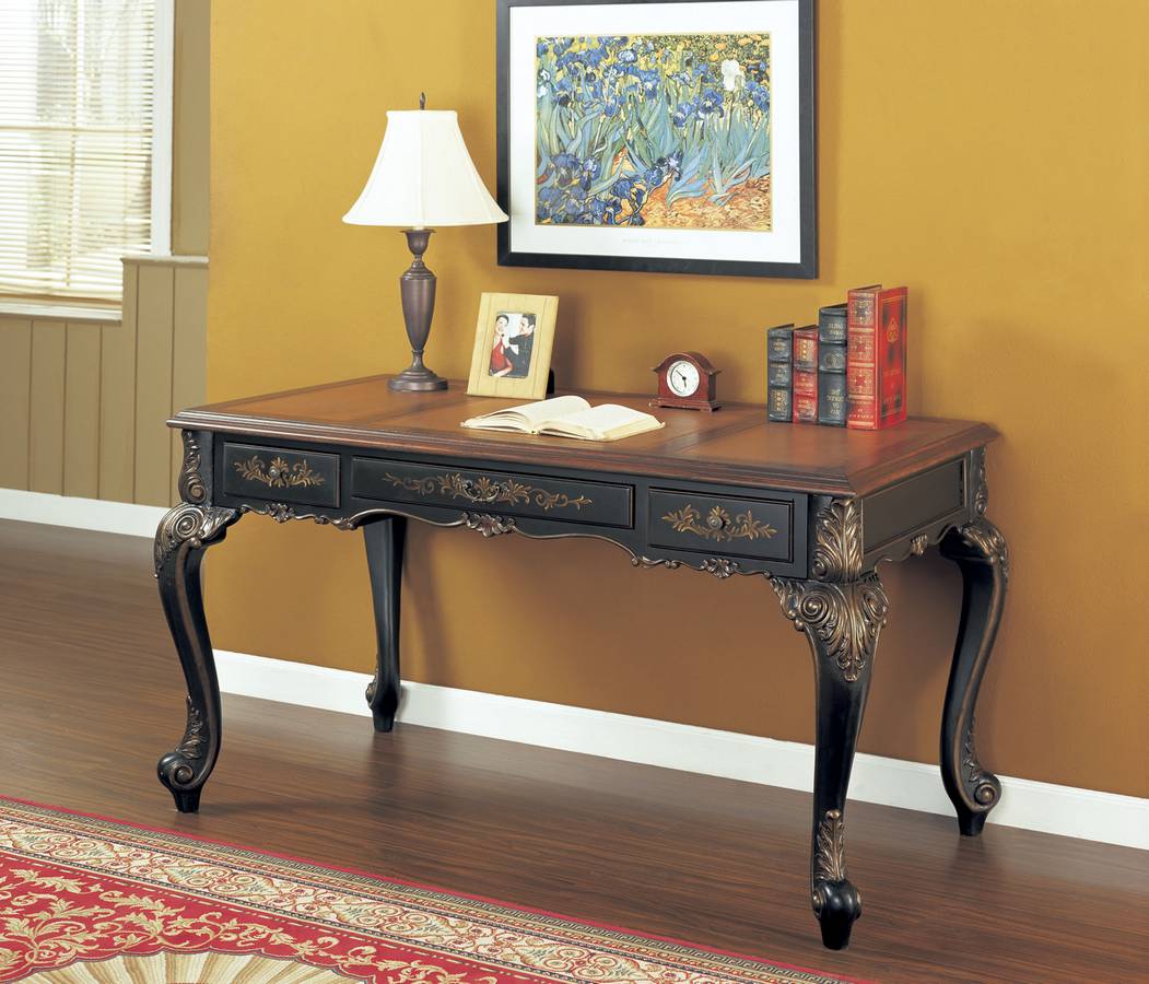 Powell Masterpiece Writing Desk - Black with Brushed Gold Highlights and Faux Cherry Top