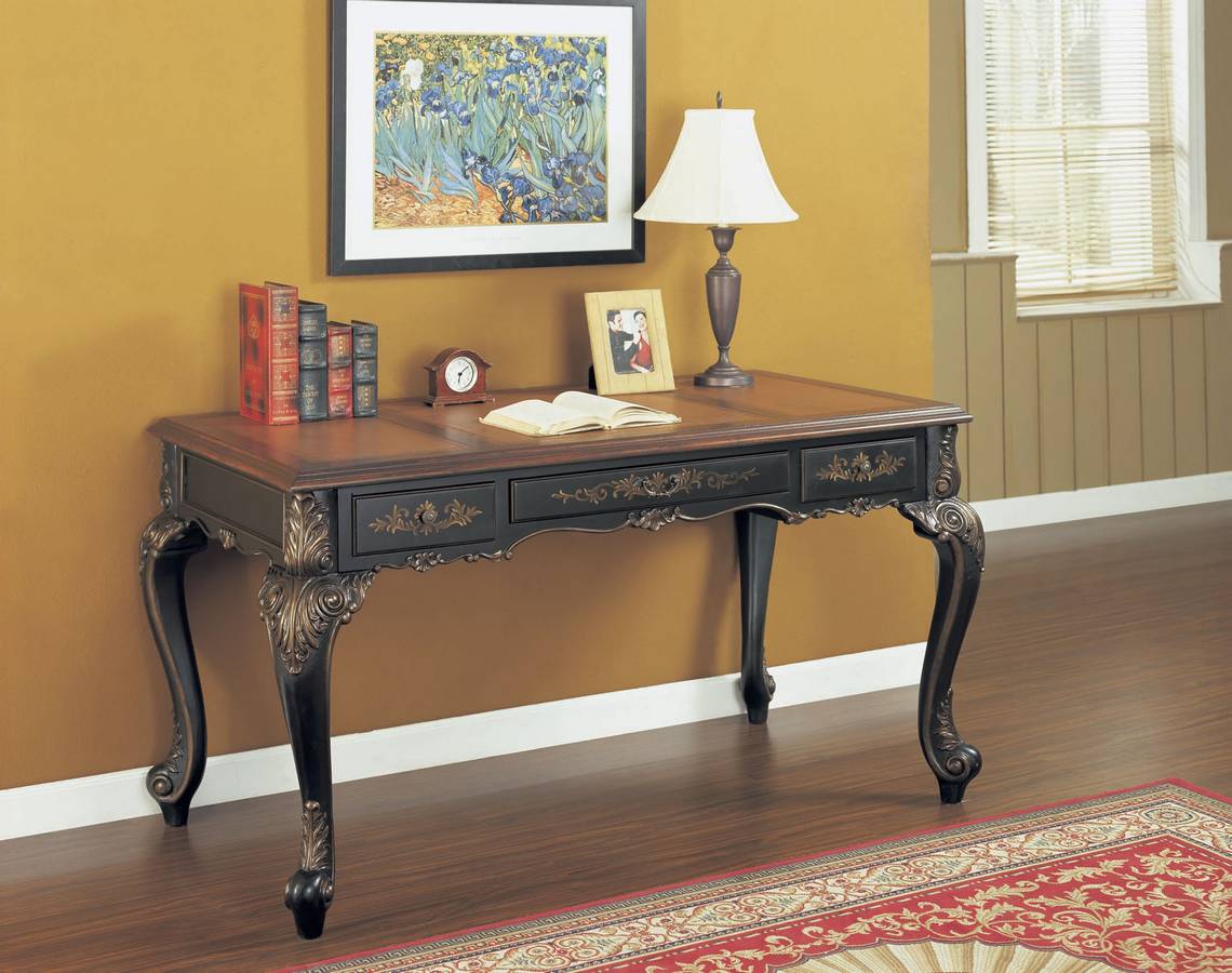 Powell Masterpiece Writing Desk - Black with Brushed Gold Highlights and Faux Cherry Top