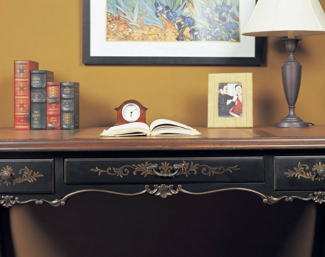 Powell Masterpiece Writing Desk - Black with Brushed Gold Highlights and Faux Cherry Top