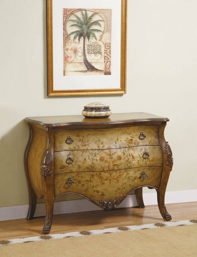 Powell Masterpiece Bombe Shaped Burnished Maple and Floral 3-Drawer Hall Chest