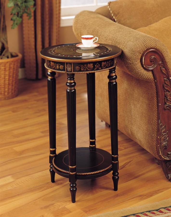 Powell Masterpiece Antique Black Accent Table with Shelf and Painted Glass Top