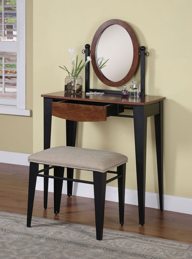 Powell Traditional Faux Mahogany with Marquetry Vanity Mirror and Bench