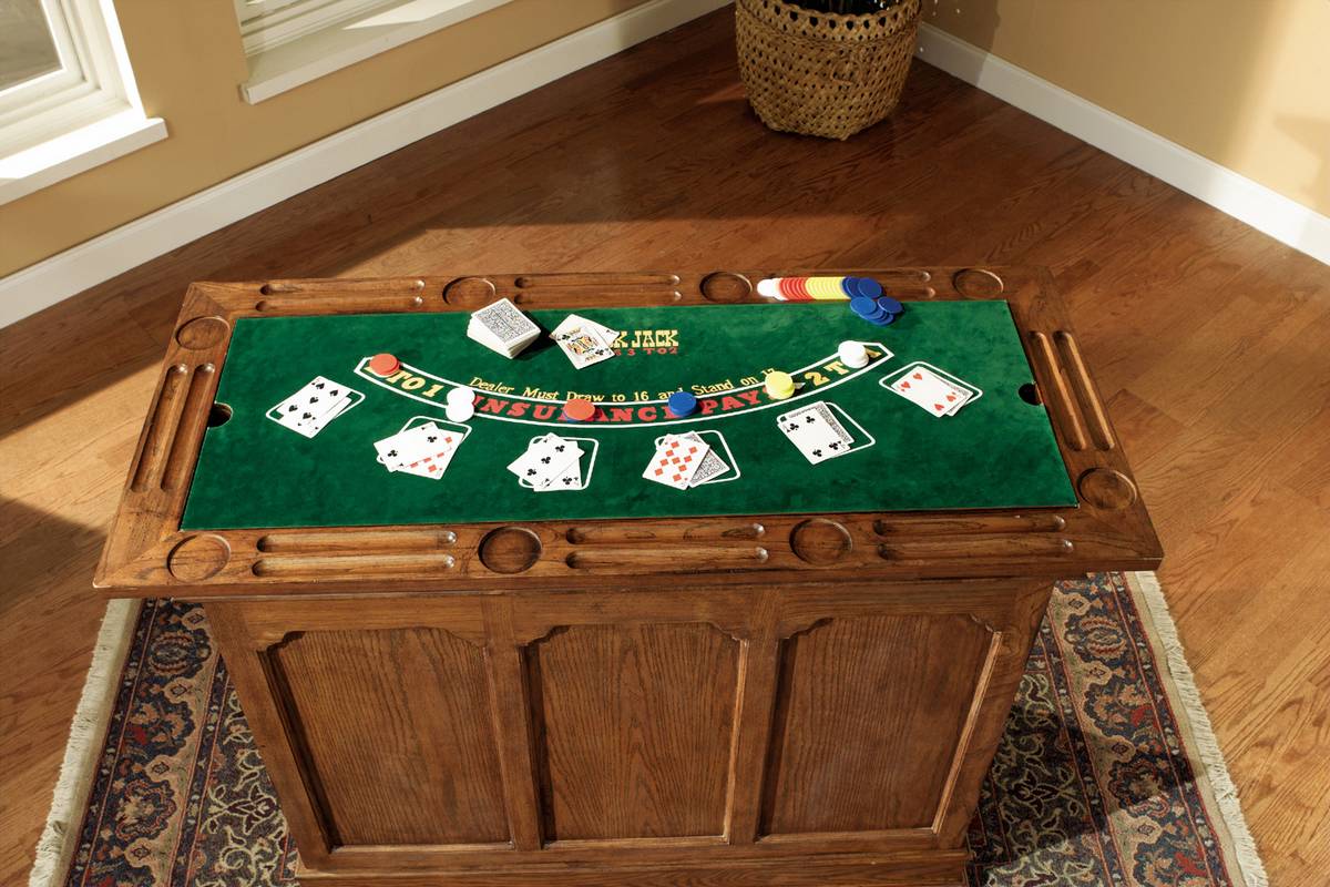 Powell Tahoe Antique Oak Gaming Bar Cabinet with Chips Dice and Cards