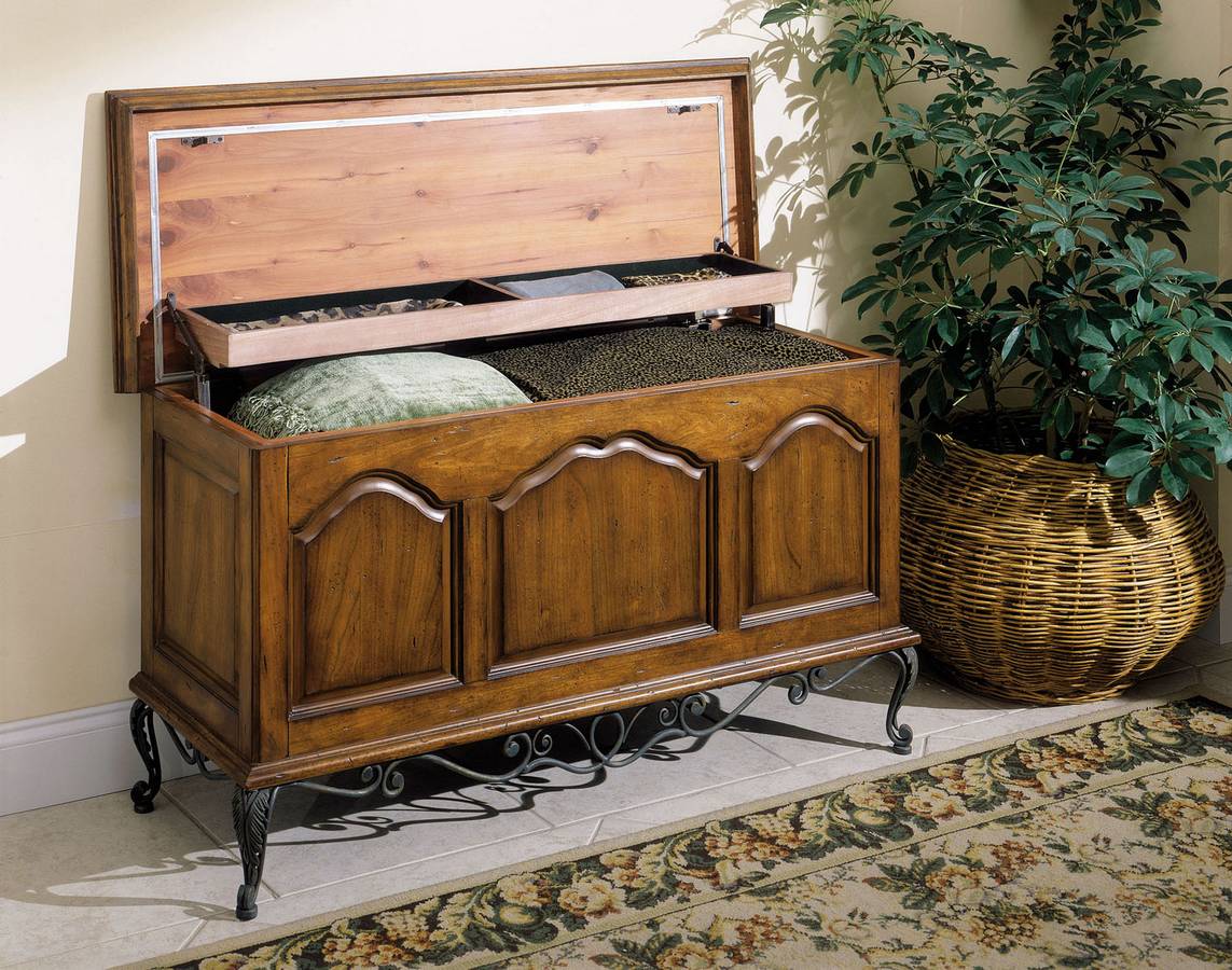 Powell Chestnut Brown Cedar Chest with Antique Bronze Scroll Base