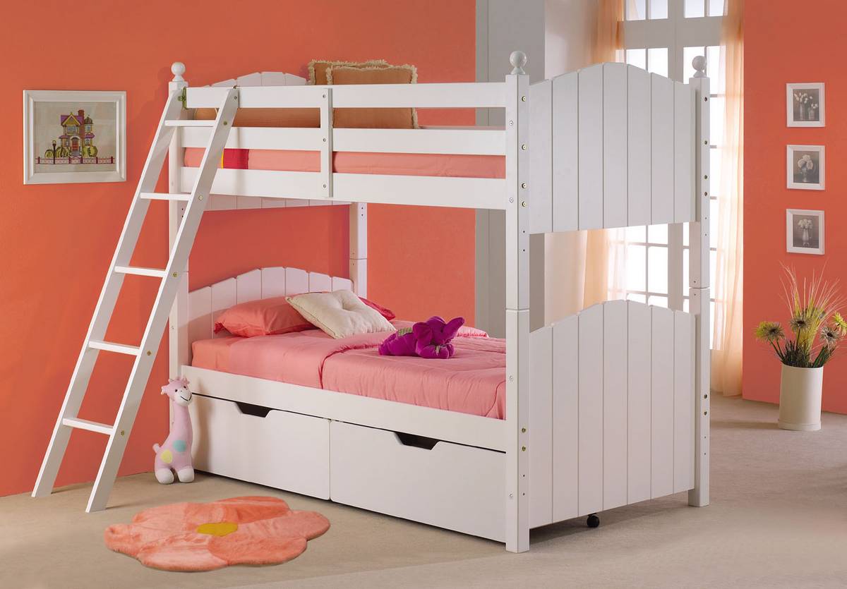 Powell Cape Cod Satin White 3-In-1 Twin-Twin Bunk Bed with Twin Roll Out Slat Set