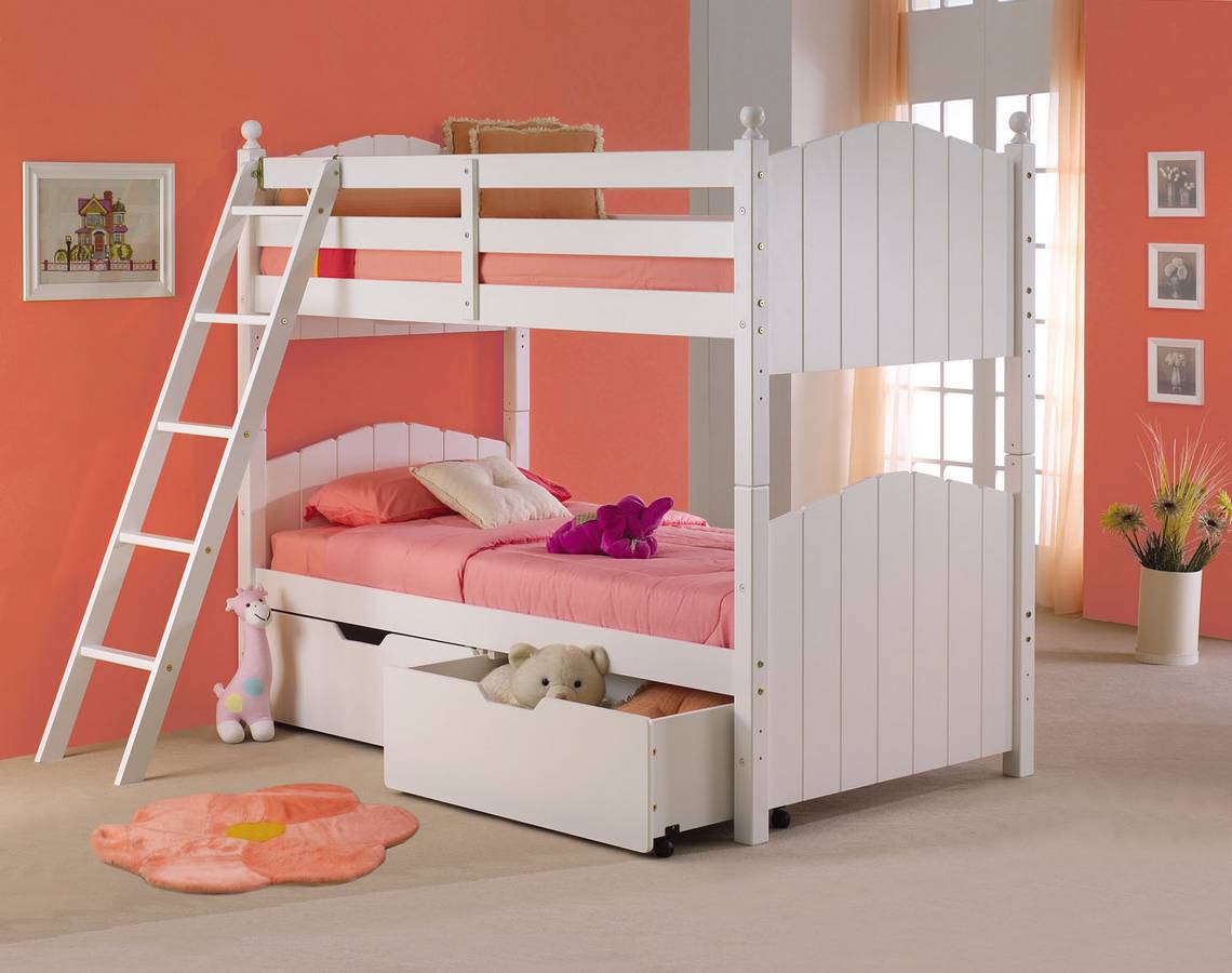 Powell Cape Cod Satin White 3-In-1 Twin-Twin Bunk Bed with Twin Roll Out Slat Set