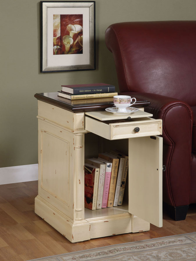 Powell Masterpiece Antique White Chairside Table with Distressed Cherry Top