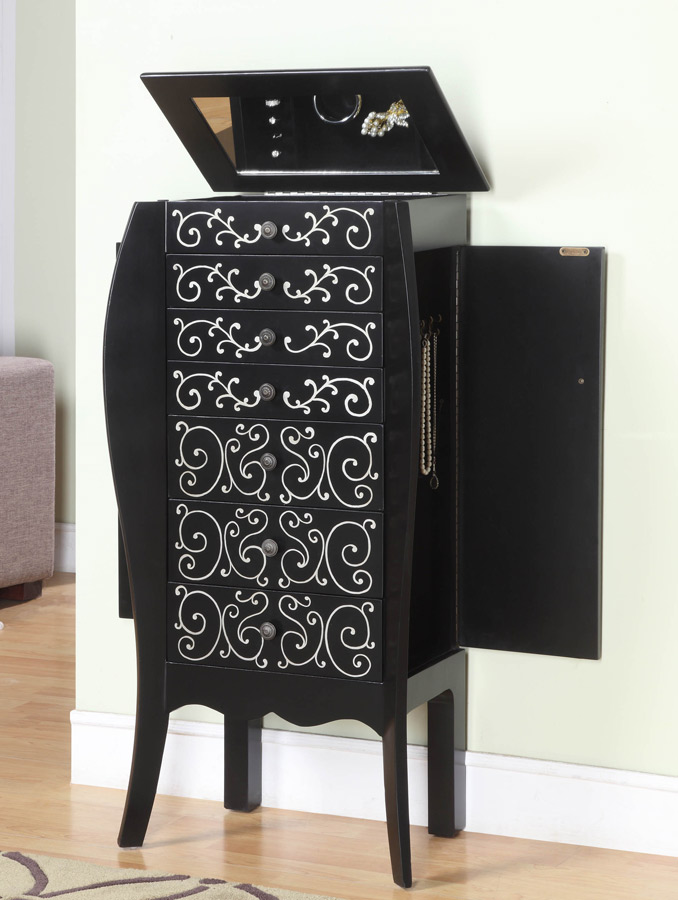 Powell Black with White Scroll Design Jewelry Armoire