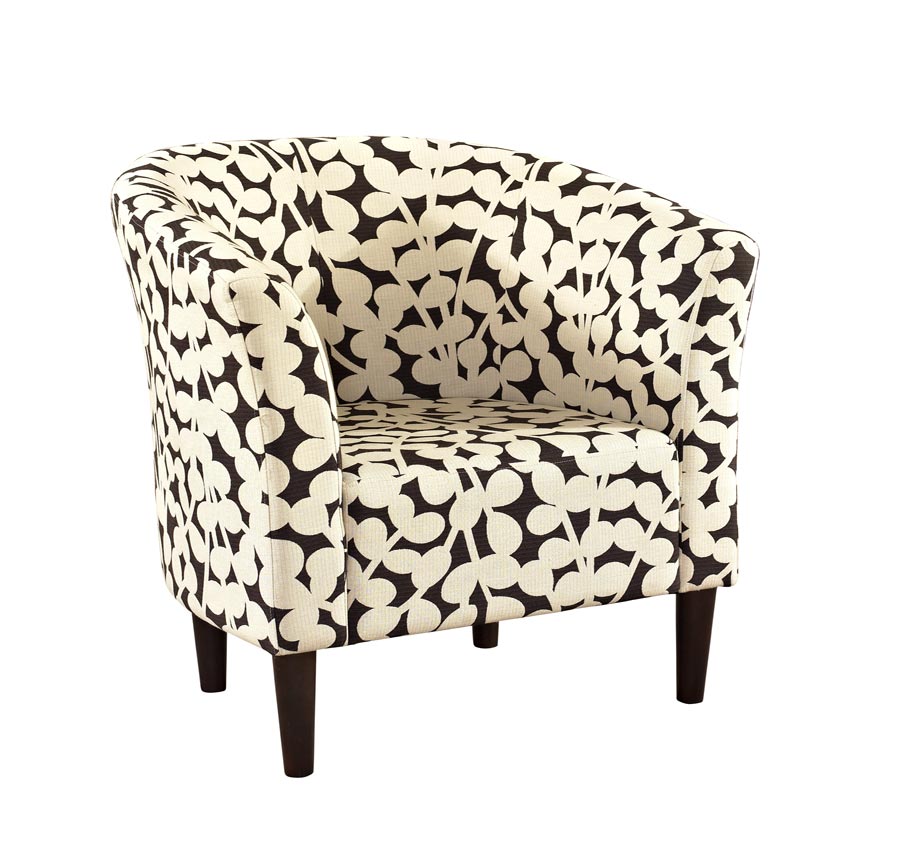 Powell Barrel Shaped Accent Chair with Brown Modern Floral Fabric and Merlot Legs Powell Barrel Shaped Accent Chair with Brown Modern Floral Fabric and Merlot Legs