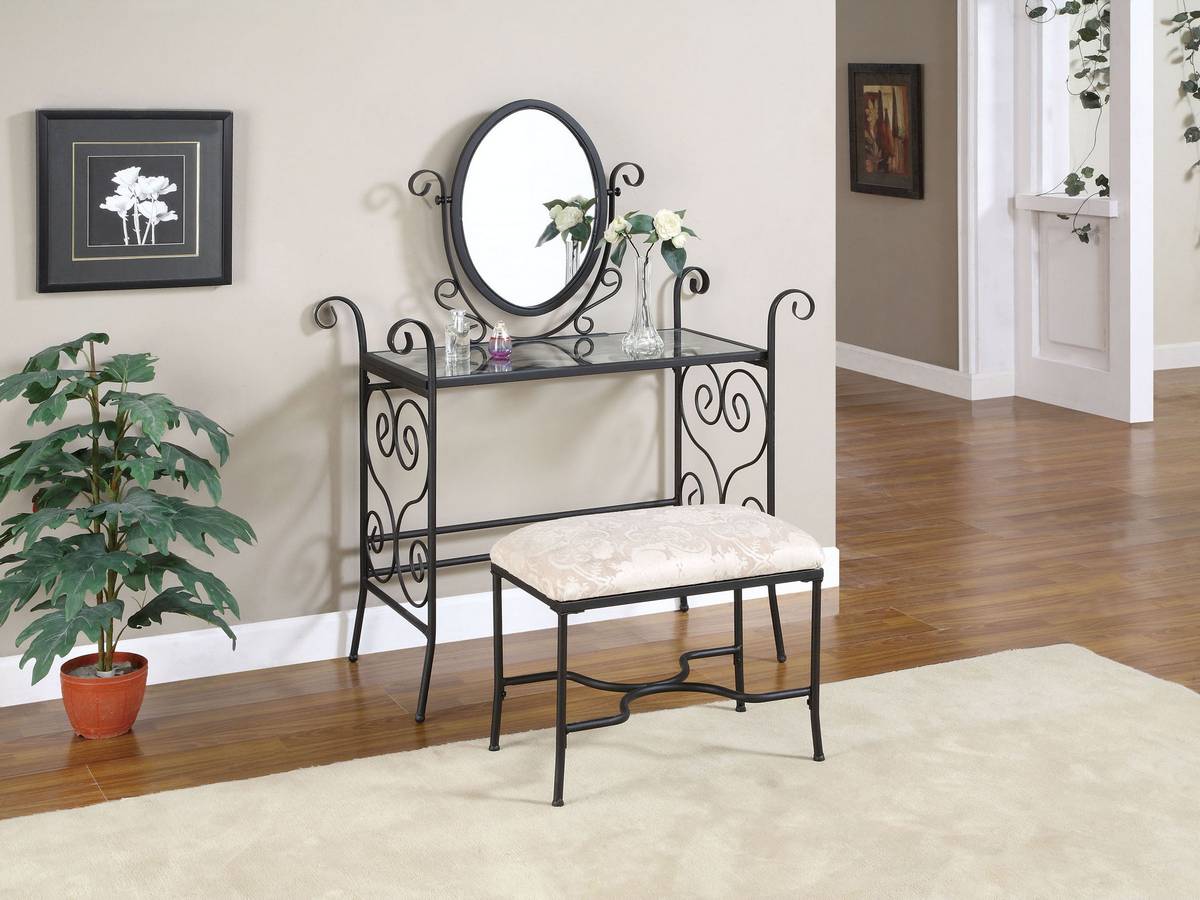 Powell Garden District Matte Black Vanity Mirror and Bench