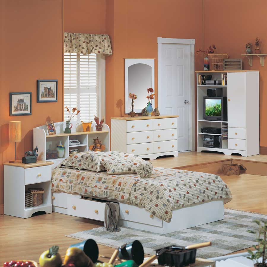 South Shore Summertime Pure White and Natural Maple Twin Mates Bed