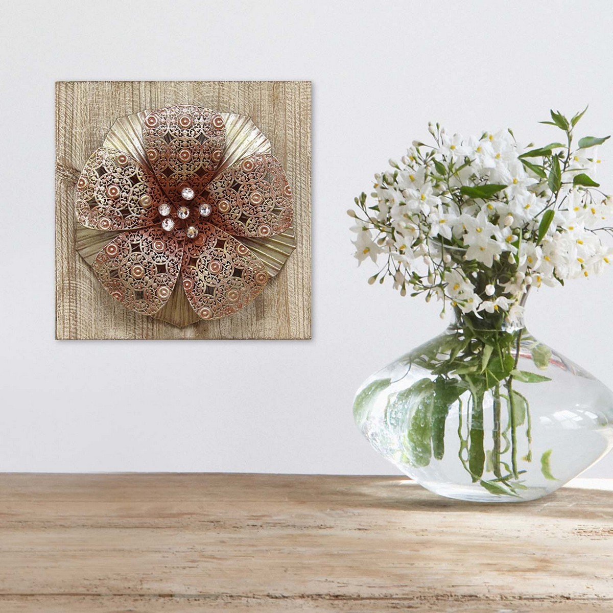 Stratton Home Decor Chic Flower Wall Decor Rose Gold and Natural Wood