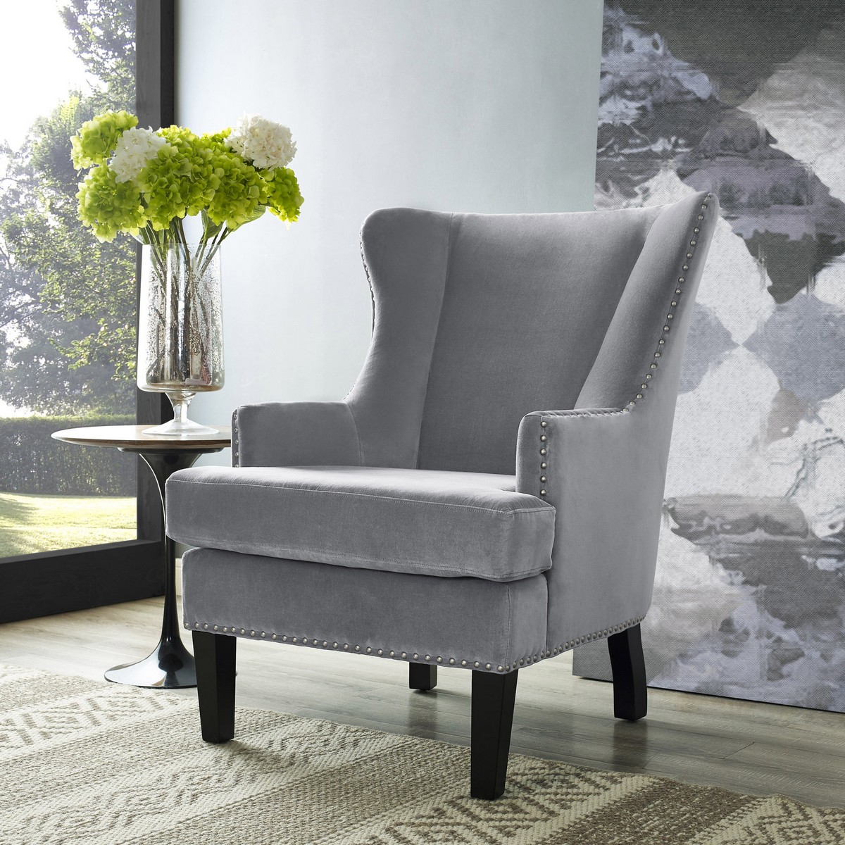 TOV Furniture Soho Grey Velvet Wing Chair
