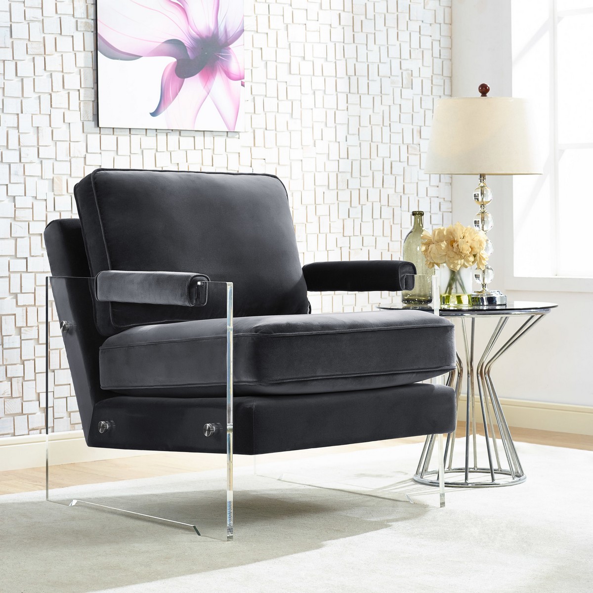 TOV Furniture Serena Grey Velvet/Lucite Chair