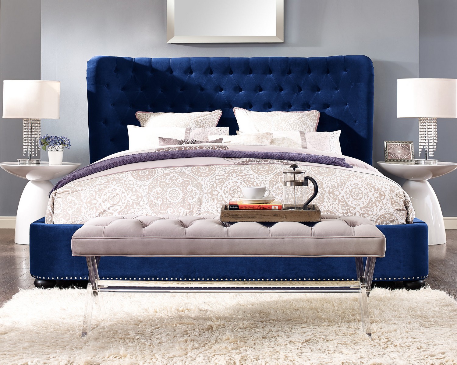 TOV Furniture Finley Blue Velvet Bed