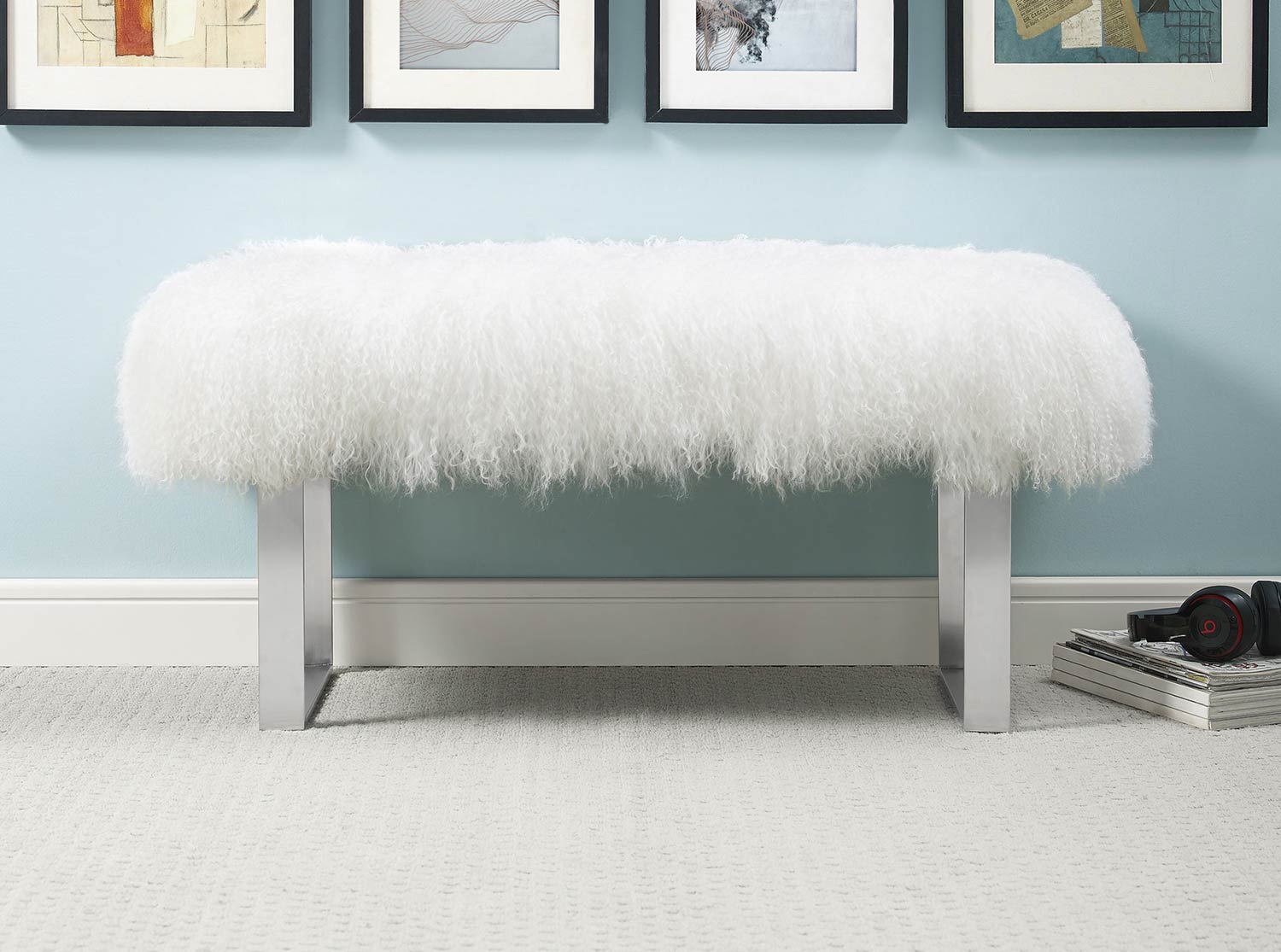 TOV Furniture Sherpa Bench with Silver Base - White