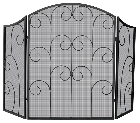 UniFlame 3 Panel Black Wrought Iron Screen With Decorative Scroll - Uniflame